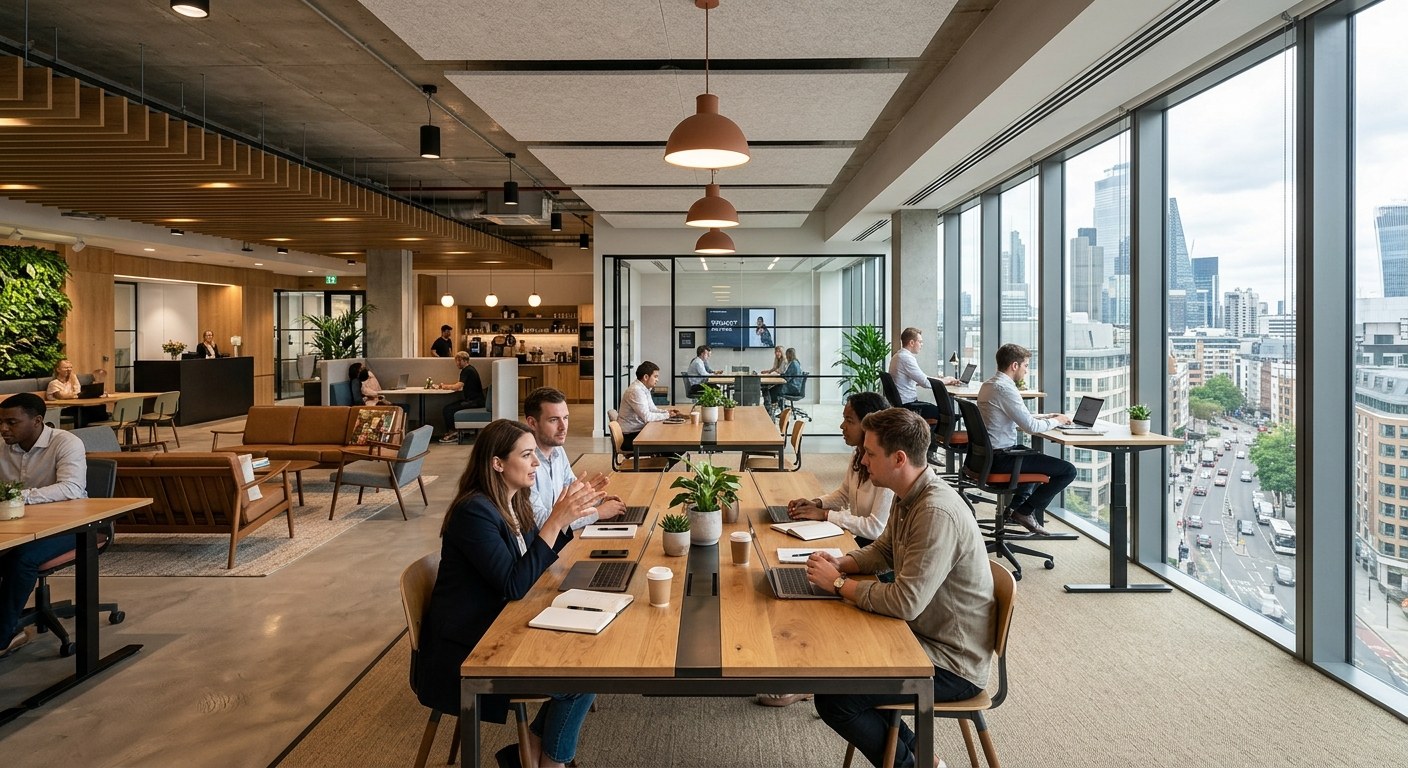 Commercial workspace with long wooden tables, pendant lights and city-view windows