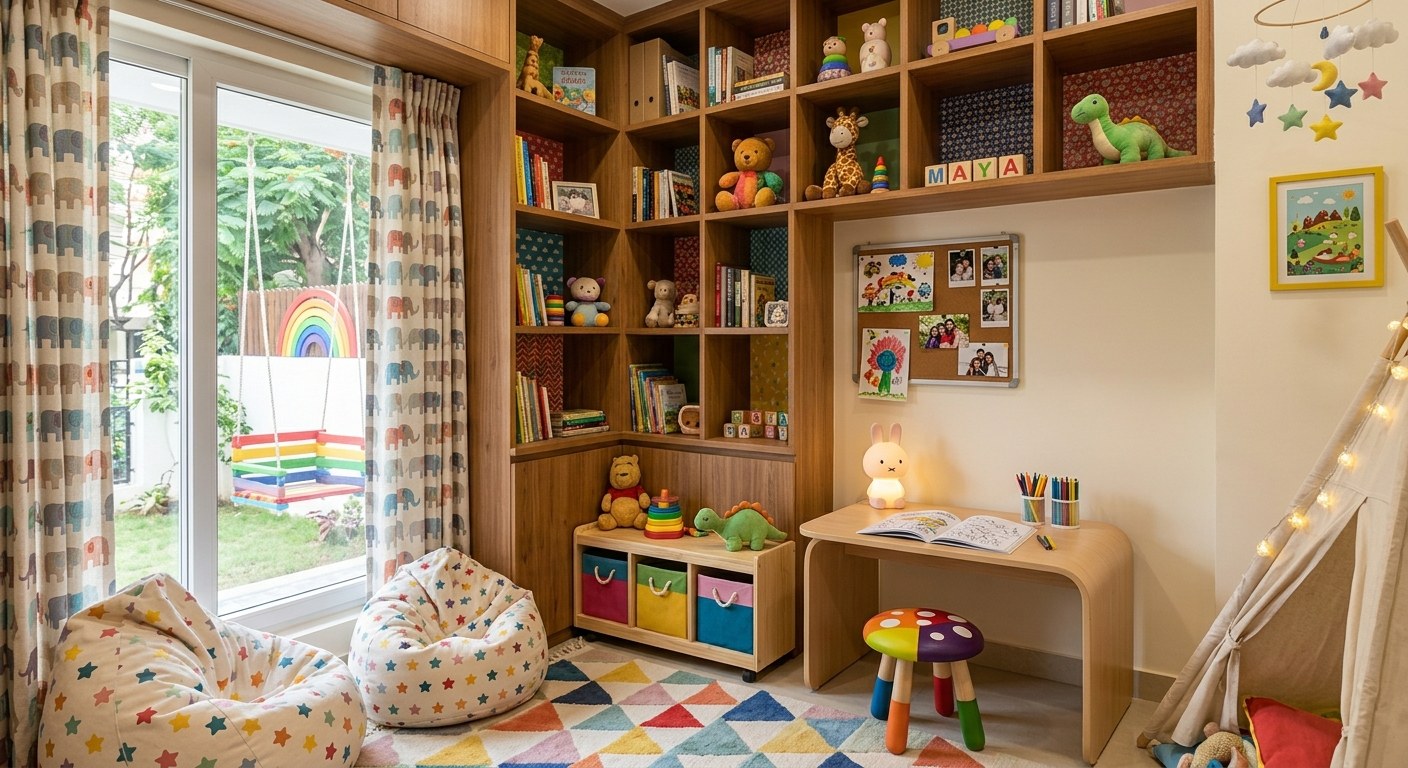 Kids' room with wooden shelves, bean bags, a play mat and a study desk