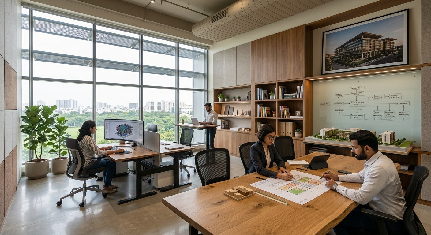 Open-plan office with a wooden meeting table, desks and large glass windows